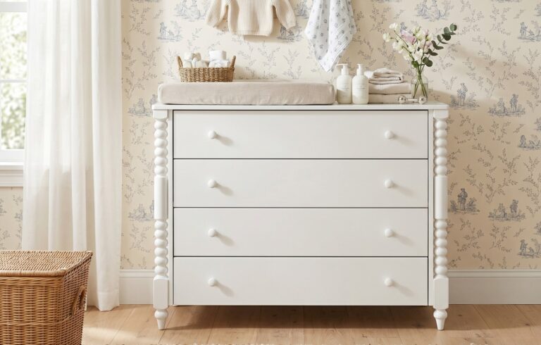 Cômoda branca com trocador e decoração de banheiro