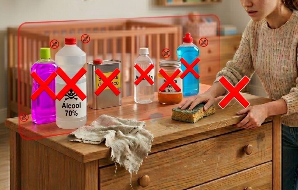 Produto de limpeza inadequado ao lado de berço infantil