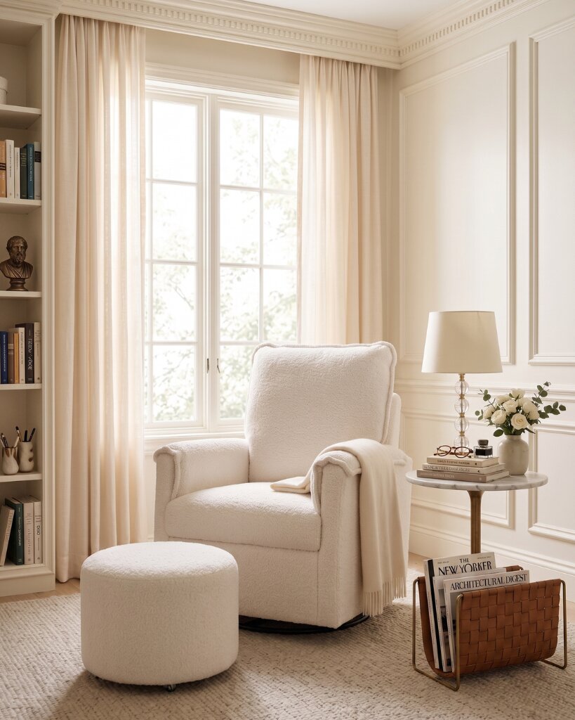 Poltrona branca em sala iluminada e aconchegante