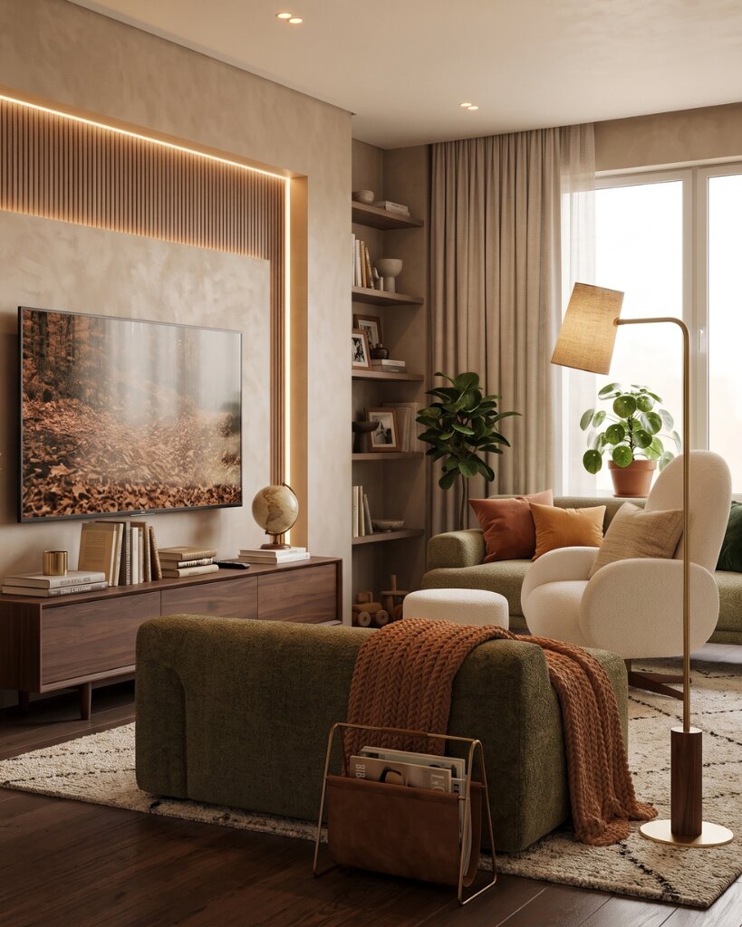 Sala de estar moderna com sofá e decoração aconchegante